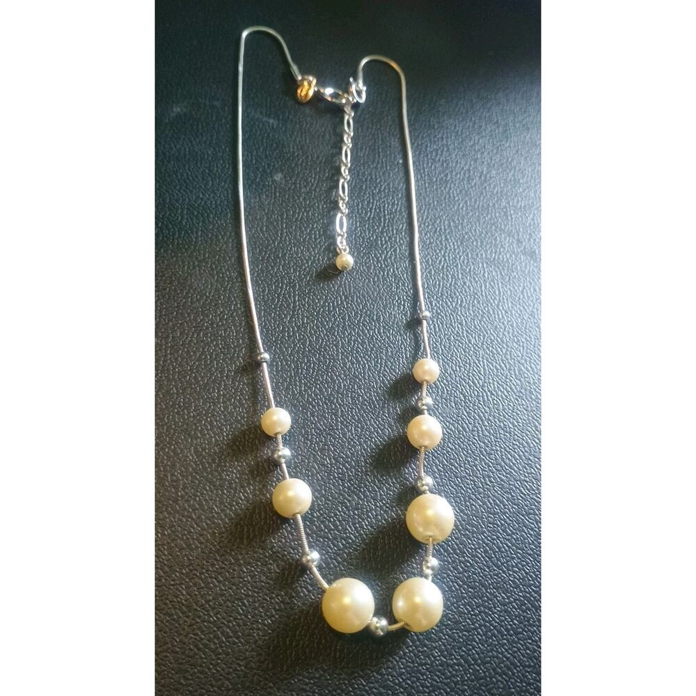Necklace Signed Monet Faux Pearls & Metal Beads Silver Tone Serpentine 15-17"adj